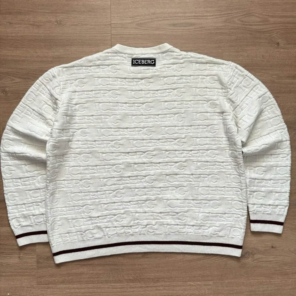 Vintage 90s Iceberg All Over Logo Knit Sweater Cream Wool Blend Size XXXL Italy